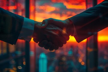 Wall Mural - Businessman handshake on skyscraper background at sunset. Partnership, successful deal, agreement, business contract concept, Generative AI