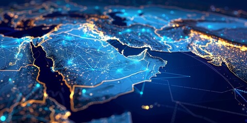 Wall Mural - Abstract map of Saudi Arabia, Middle East and North Africa, concept of global network and connectivity, data transfer and cyber technology, information exchange and telecommunication, Generative AI