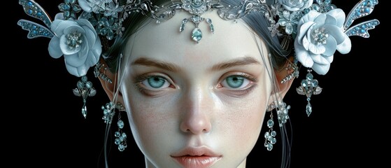 Wall Mural -  A high-resolution digital portrait of a woman with piercing blue eyes adorned in an intricate floral tiara against a dark canvas backdrop