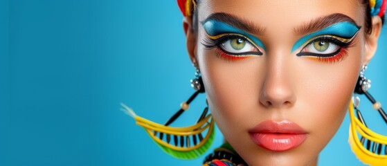 Wall Mural -  A woman's close-up portrait with vibrant makeup and a blue background features colorful feathers on her head