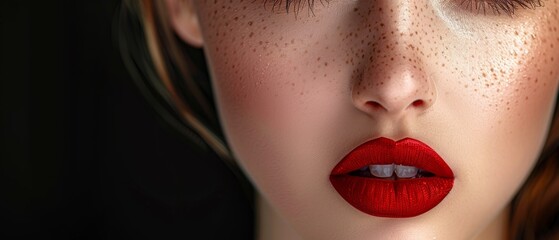 Wall Mural -  A woman with freckles on her face, red lipstick on her lips