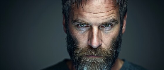 Wall Mural -  Man in close-up, beard, blue eyes, camera, serious expression