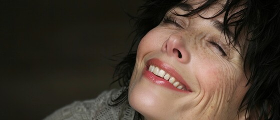 Wall Mural -  A close-up of a woman smiling with her hair blowing in the wind and eyes closed