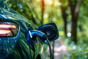 Wall Mural - Electric vehicle charger plugged into car in forested area, concept of combining modern technology with natural surroundings
