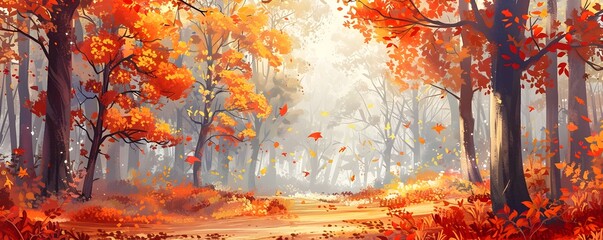 Wall Mural - Autumn Wonderland:A Vibrant Forest Clearing with Fiery Leaves Underfoot and Dappled Sunlight