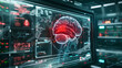 MRI brain scan displayed on a high-tech monitor, without annotations and digital markers highlighting red color the epilepsy characteristics.