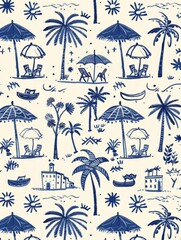 Wall Mural - Wallpaper featuring palm trees and umbrellas in blue and white colors