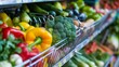 Fresh vegetables close-up, shopping cart with products folded inside