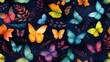 Background pattern of butterflies and leaves on a black background