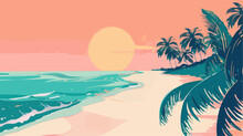 Tropical Beach With Palm Trees And Sunset, Vector Illustration.