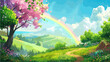 Beautiful spring landscape with a rainbow in the forest. Vector illustration.