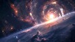 Imagine a futuristic scene where a spaceship braves turbulent cosmic forces while marveling at the beauty of distant galaxies Depict the contrast between the daunting challenges and awe-inspiring wond