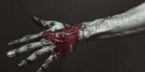 Fototapeta a gruesome image of a bloody hand holding a bleeding heart. perfect for halloween or horror-themed projects
