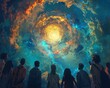 Design an eye-catching graphic showing a group of diverse individuals looking up at a glowing portal above them, symbolizing the moment they discover their ability to access parallel universe memories