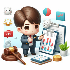 m&a consultant analyzing potential acquisition risks for 3d flat cute chibi icon with isolated white