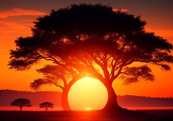 Wall Mural - A view of a moment of sunset behind a beautiful large tree