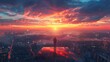Figure on a reflective podium admiring a vivid sunset over the sprawling cityscape with dramatic clouds