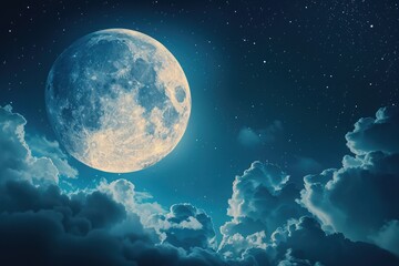 Wall Mural - night sky with brightly lit clouds and large, full, blue moon would make a great background for many