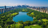 Fototapeta Miasta - A stunning aerial view of New York City's Central Park, showcasing the iconic trees and greenery with skyscrapers in the background