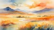 Soft, watercolor painting of an abstract summer landscape, with hues of warm orange and sunlit yellow bleeding into each other, zephyrs of wind occasionally stirring up floating dust motes
