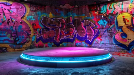 Wall Mural - Illuminated Stage with Colorful Urban Graffiti Backdrop
