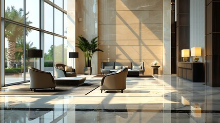 Wall Mural - Luxurious Modern Interior Elegant Furniture and Stylish Decor in a Bright Contemporary Hotel Lobby. Generative Ai