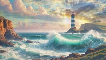lighthouse on the coast of the sea anime style video looping