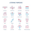 Uterine Fibroids symptoms, diagnostic and treatment vector icons. Medical icons.