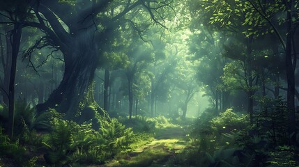 Wall Mural - Mystical forest landscape capturing the beauty and magic of nature with a digital art style. Generative Ai