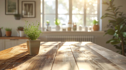 Poster - A potted plant sits on a wooden table in a sunlit room. The plant is a small herb plant, and it is placed in a vase. The room has a warm and inviting atmosphere
