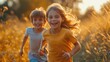 Joyful Siblings Playing in Sunlit Meadow, young girl and boy laugh joyously as they run through a golden meadow, the warm sunset light casting a soft glow on their playful adventure