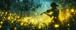 Enchanted violinist in a mystical forest - A silhouetted woman plays the violin among glittering lights in an enchanted, dream-like forest setting