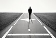 A lone figure in a suit standing at a crossroads, symbolizing the choices and decisions in entrepreneurship