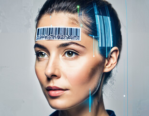 A barcode scanning over a person's face, commenting on consumerism and identity in modern commerce