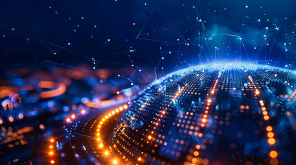 Digital technology and networking concept, featuring abstract cyber connections and futuristic coding in a blue tech environment