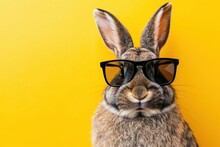 Bunny With Sunglasses Yellow Background, Easter Concept