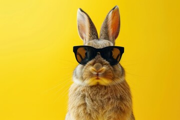 Wall Mural - bunny with sunglasses yellow background, easter concept