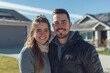 © Igor - Happy young couple standing in front of new home. Husband and wife buying new house
