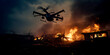 Drone flying over destruction of buildings and fire, silhouette photography with high speed continuous shooting in futuristic style with dark background