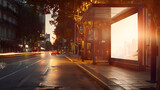 Fototapeta Londyn - bustling city street with a billboard horizontal poster strategically positioned at a bus stop., evening, street lights