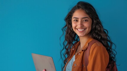 Happy young woman holding laptop, student girl with brunette hair using computer elearning online standing isolated on blue background