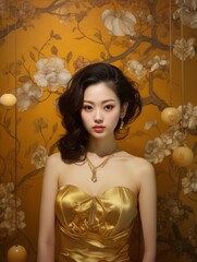 Wall Mural - Woman in Gold Dress Standing by Wall