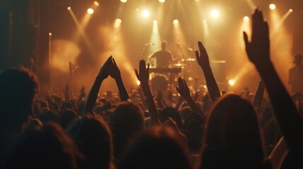 Rear view of audience crowd people fans raising hands shooting enjoying live music festival concert