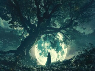 Poster - Mystical forest with a large moon and silhouette - Enchanted scene with an ethereal large moon behind a tree silhouette, invoking a sense of wonder