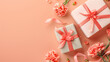Mother's Day concept. Top view photo of two trendy gift boxes with ribbon bows and carnations on solid pastel peach color background with copy space. Happy Birthday