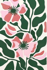 A retro print of simple pink and green flowers in the style of Matisse on a white background with large negative space around the edges. The flower petals are wavy and abstract