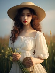 Canvas Print - Woman in White Dress and Hat Holding Flowers