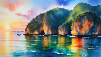 Wall Mural - A painting of a beach with vibrant blue and green waves crashing against a mountainous coastline