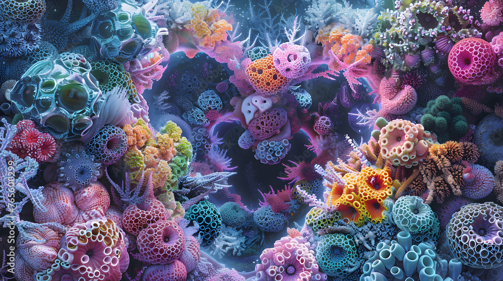 Thriving Coral Reef Viewed At The Cellular Level Where Coral Polyps 