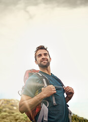 Canvas Print - Man, hiking and nature for workout, health and wellness with view and mountain. Athlete, exercise and adventure with summer, sunshine and backpack journey on cape town trail with travel and vacation